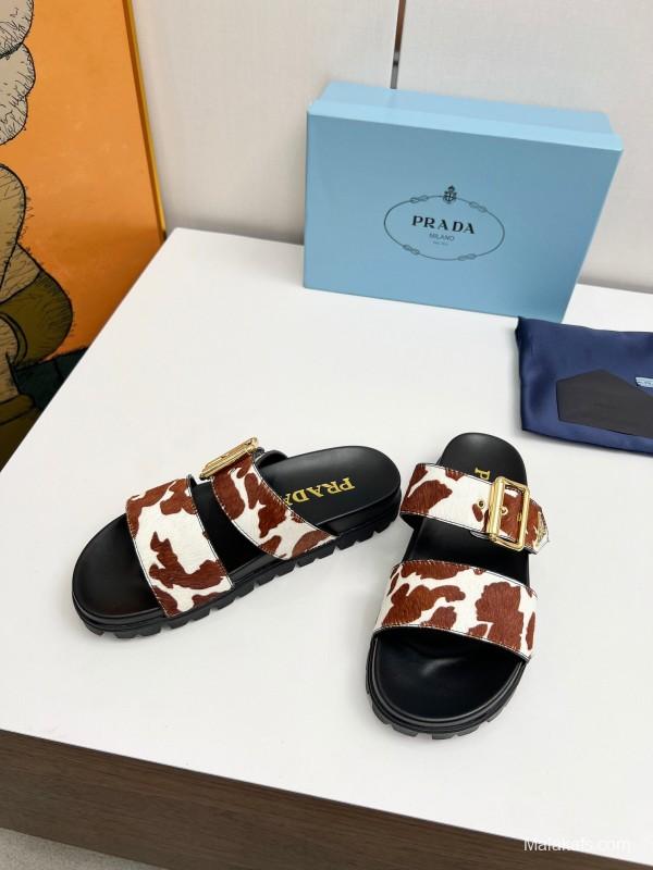 2025 Slippers Prada Brown White Leather Cow Print LY00260