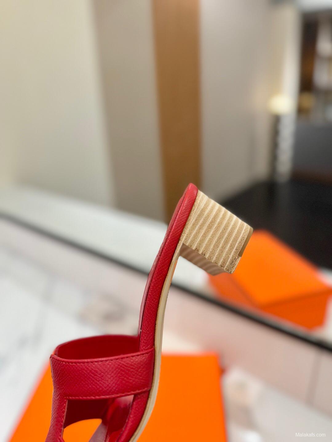2025 Women Hermès Red Leather Slides