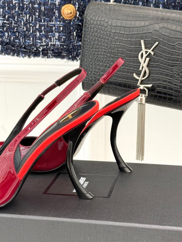 2025 Women Yves Saint Laurent Burgundy Patent Leather Slingback Heels