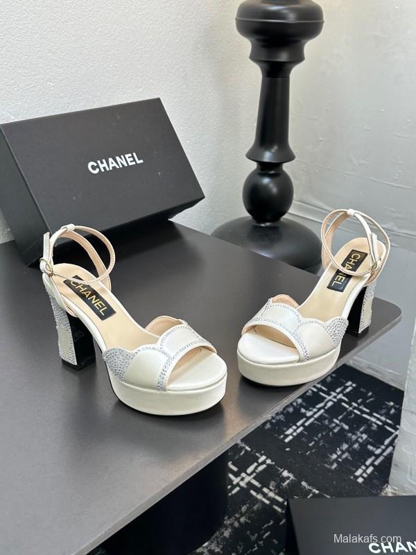 2025 Women Chanel White Leather Platform Sandals Beaded LY00320