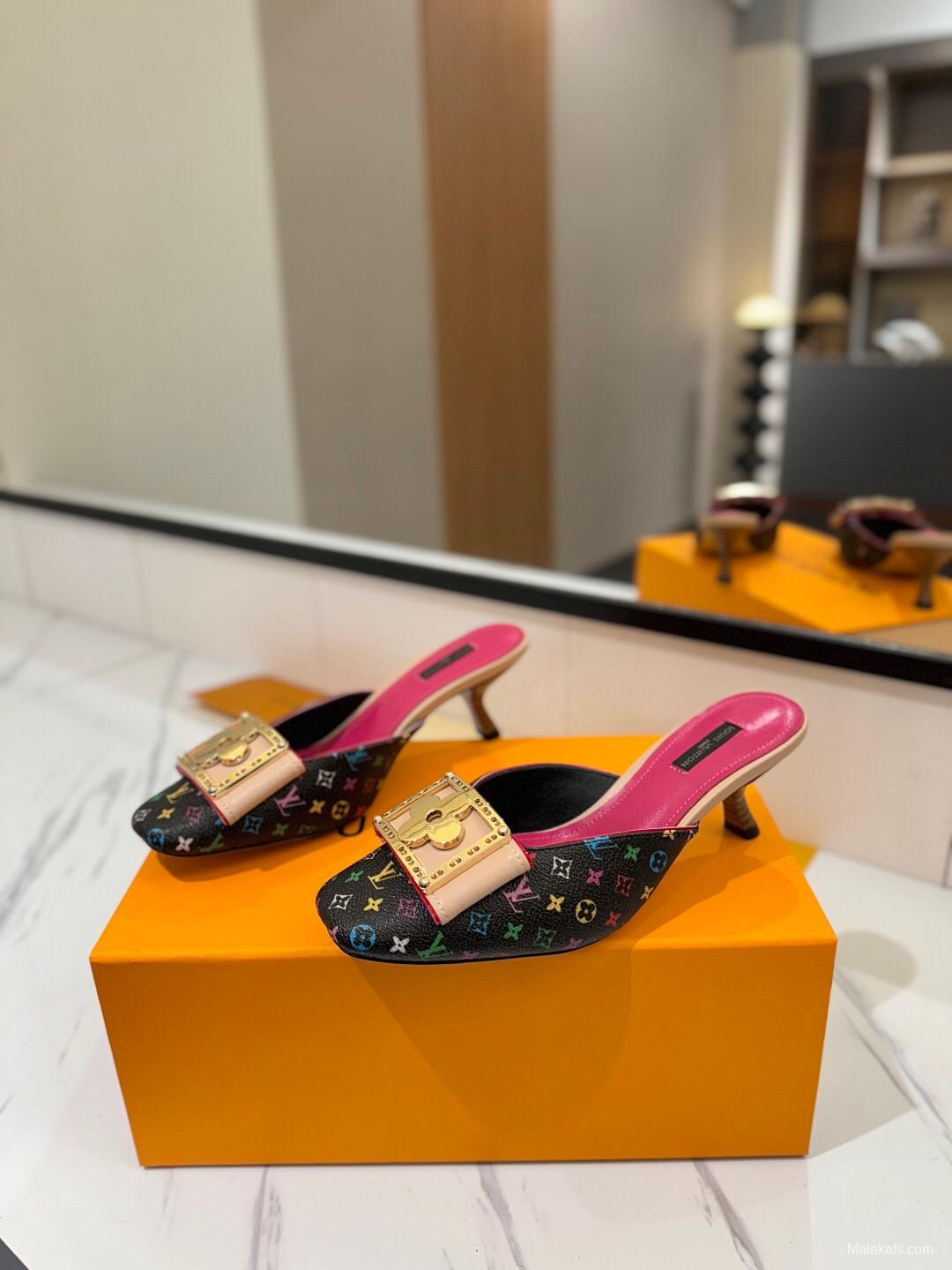 2025 Women Louis Vuitton Black Multicolor Leather Mules KFY00320