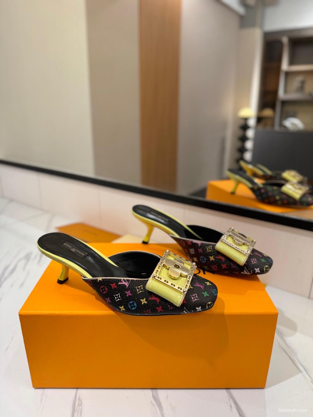 2025 Women Louis Vuitton Black Multicolor Canvas Leather Mules Buckle KFY00320