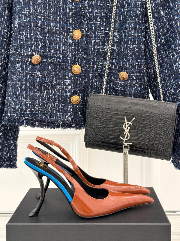 2025 Women Yves Saint Laurent Brown Patent Leather Slingback Heels KFY00290