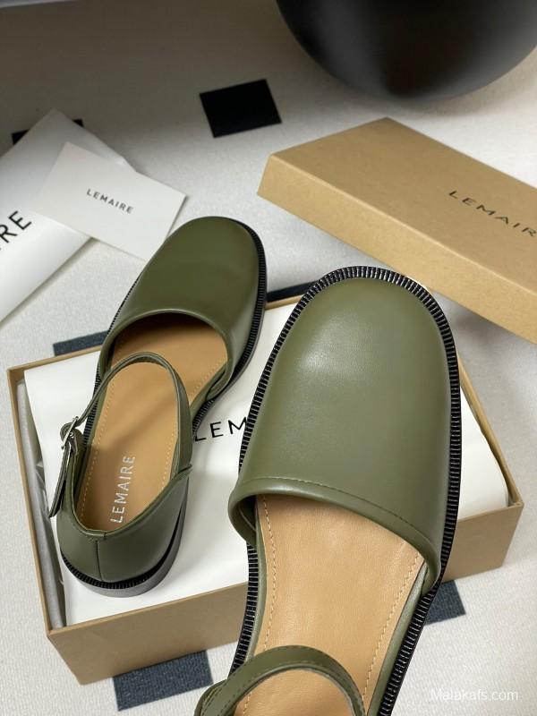 2025 Women Lemaire Green Leather Mary Jane Shoes