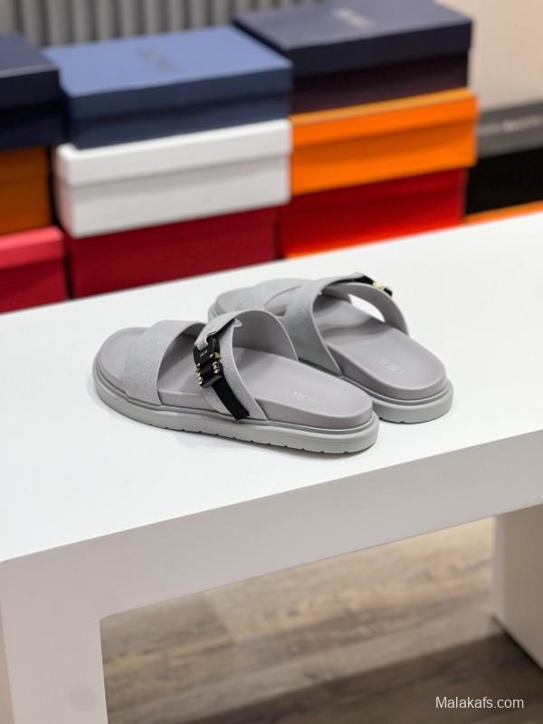 2025 Men Dior Grey Suede Leather Slippers CD Diamond AS00190