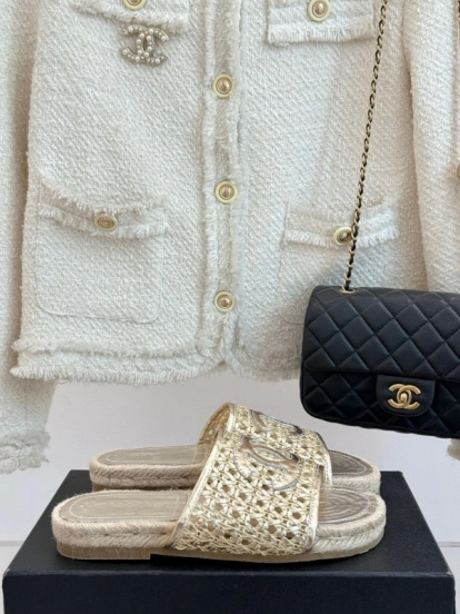 2025 Women Chanel Beige Custom Material Rope Sole Slippers Big CC Hollow Weave KFY00240