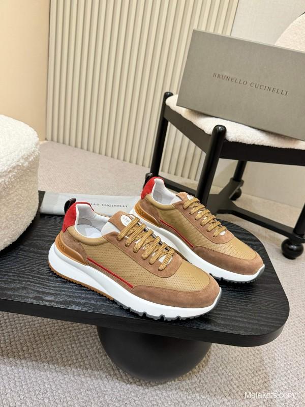 2025 Unisex Brunello Cucinelli Beige Brown Red Calfskin Mesh Sneakers AS00320