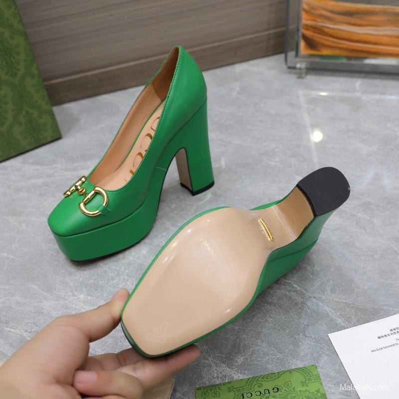 2025 Women Gucci Green Leather Platform Pumps KFY00320