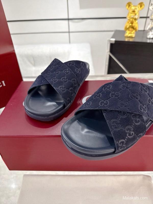 2025 Unisex Gucci Navy Fabric Slippers Double G Embossed AS00240