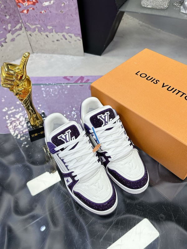 2025 Unisex Louis Vuitton White Purple Leather Denim Plimsolls Handmade Beaded AS00400