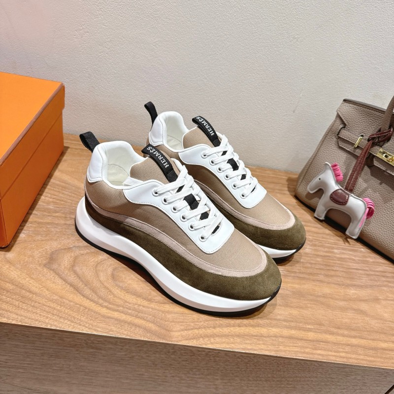2025 Unisex HERMES White Beige Khaki Fabric Leather Sneakers AS00400