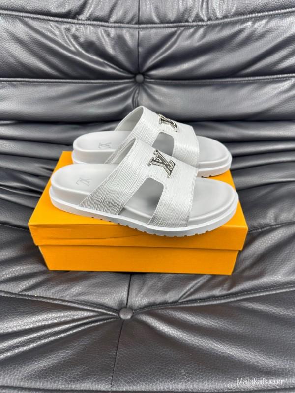 2025 Men Louis Vuitton White Leather Slippers AS00170