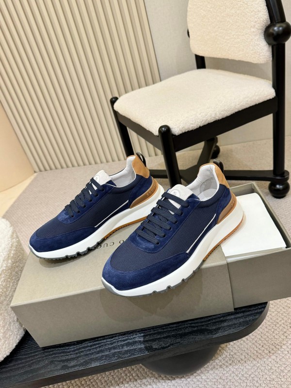 2025 Men Brunello Cucinelli Navy White Brown Calfskin Leather Sneakers AS00320