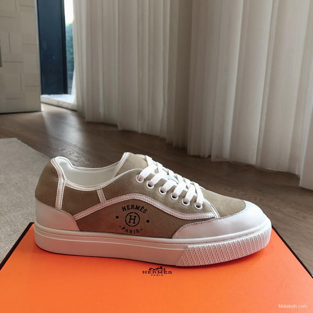 2025 Unisex Hermès Beige White Canvas Leather Sneakers AS00380
