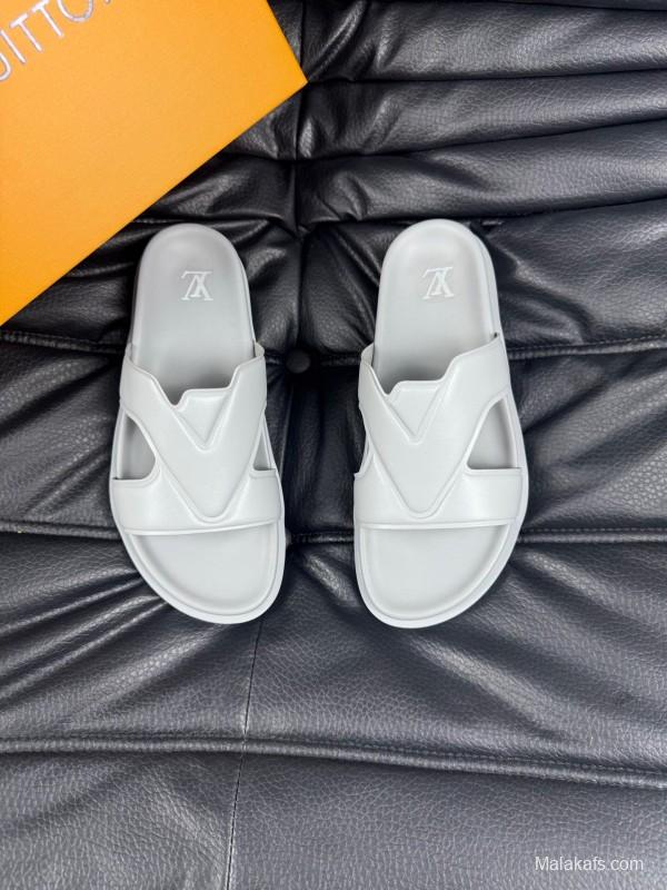 2025 Men Louis Vuitton White Leather Slippers AS00180