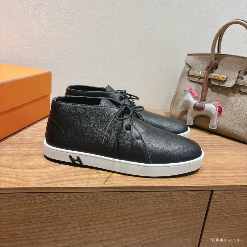 2025 Unisex Hermes Black White Leather Boots Classic Style