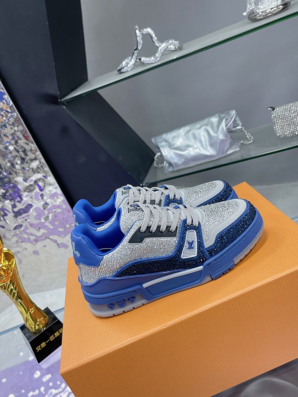2025 Women Louis Vuitton Blue White Cow Leather Fabric Plimsolls Handcrafted Crystals AS00400