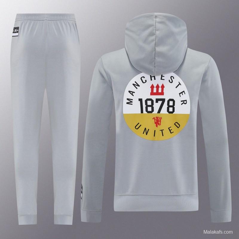 25/26 Manchester United Hooide Grey Full Zipper Jacket + Long Pants
