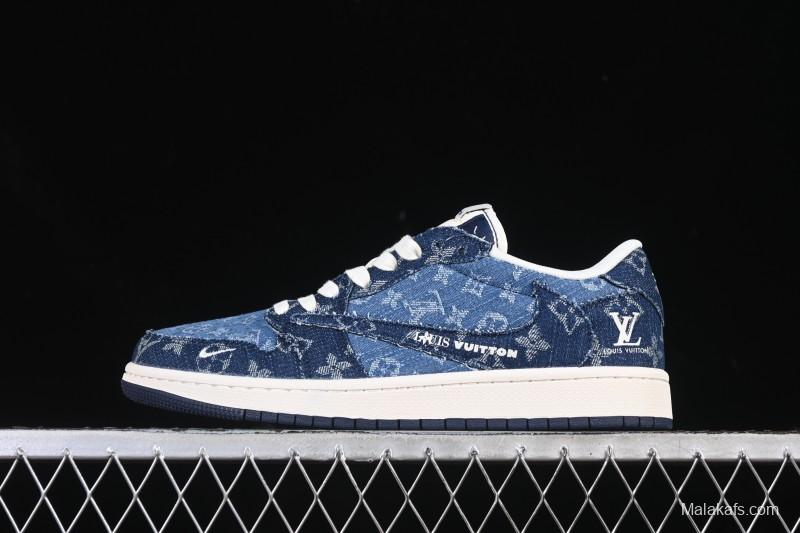 Nike Travis Scott x Fragment Design x Air Jordan 1 Low OG SP AJ1 Low-top Casual Sneakers with Washed Denim Blue Print - XD0798-312