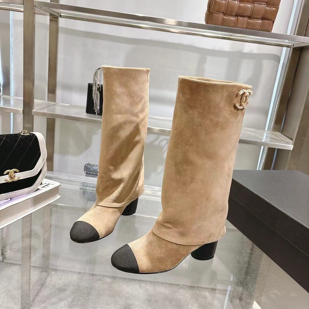 Chanel 2025/SS Small Fragrance Autumn Winter Runway Turned-Cuff Block Heel Straight Tube Boots Classic Color Block - LY00510