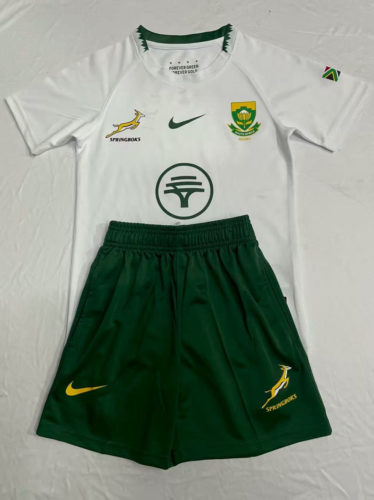 2026 Kids South Africa Away Springboks White with Green Trim Rugby Jersey