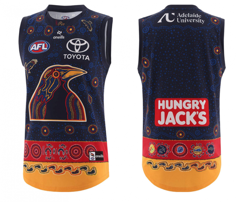 25/26 Adelaide Crows Navy with Indigenous Aboriginal Art Crow Design Guernsey