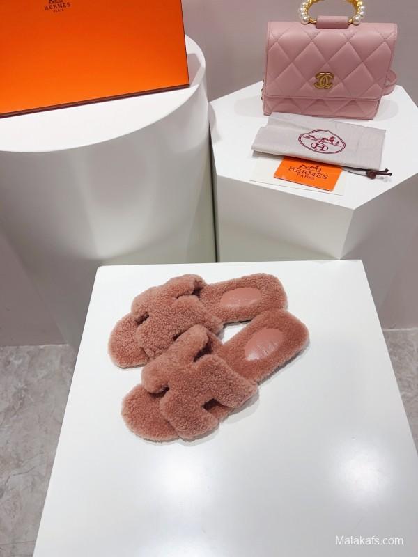 H Teddy Wool H Slippers Flat Sole Winter Edition - LY00240