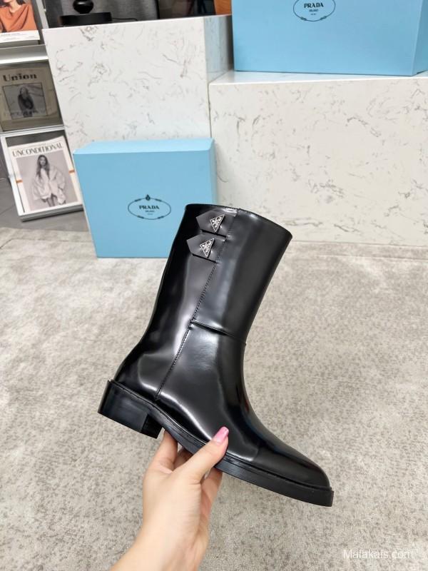 Prada Classic Triangle Logo Pointed Toe Boots - LY00350