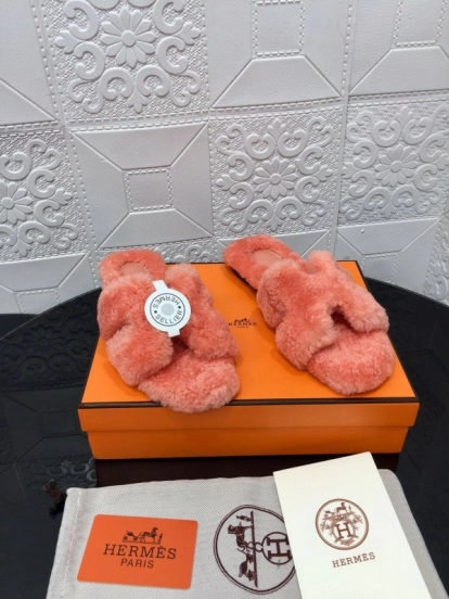 H Teddy Wool H Slippers Flat Sole Winter Home Shoes - LY00240