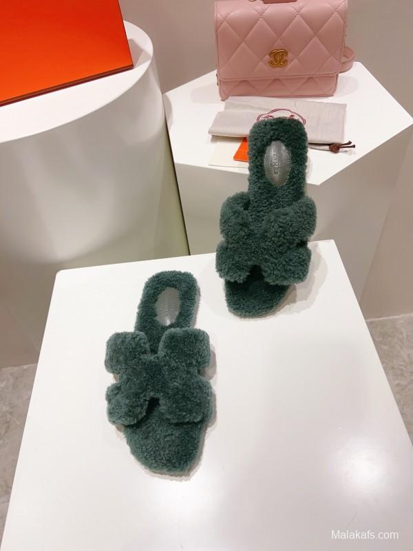 H Teddy Wool H Slippers Flat Sole Winter Edition - LY00240