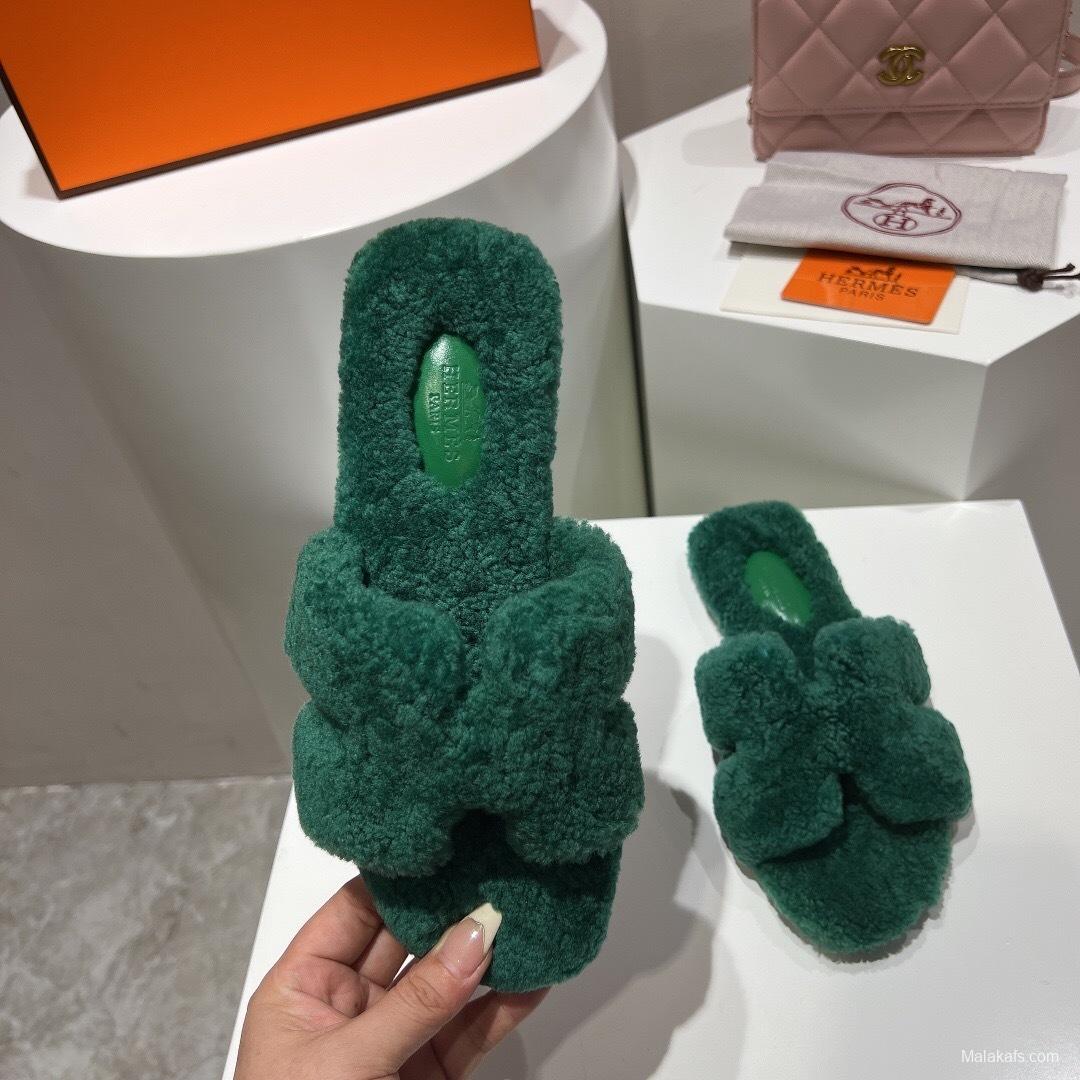H Teddy Wool H Slippers Flat Sole Fur Slippers - LY00240