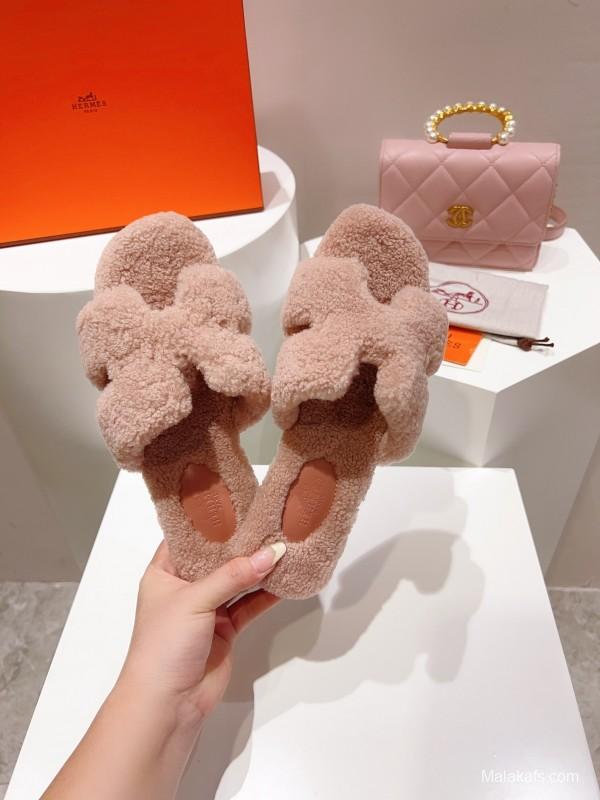 H Teddy Wool H Slippers Flat Sole Winter Edition - LY00240