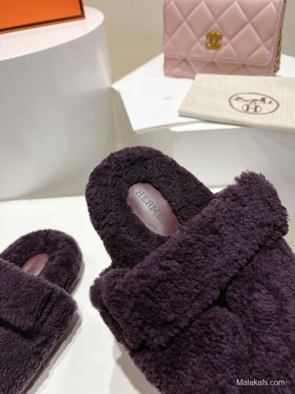H Love Erjiu Full Wool Slippers with Slightly Curled Fur - LY00270