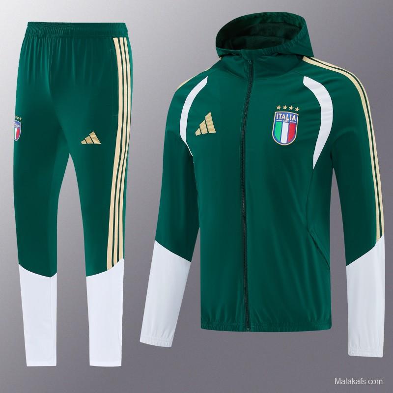 2026 Italy Green Hoodie Full Zipper Windbreaker + Long Pants