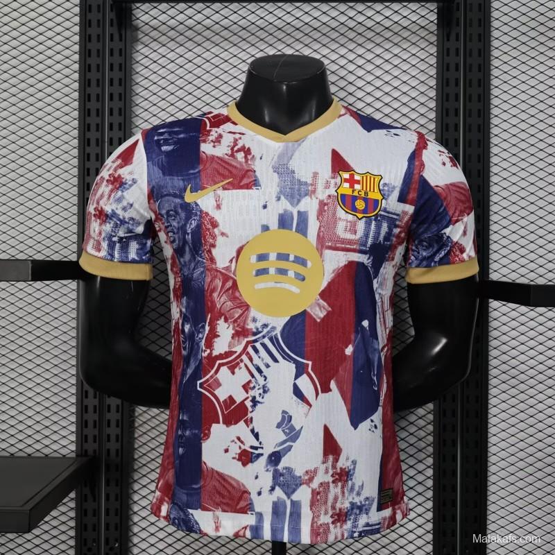 25/26 Player Version Barcelona White with Red Blue Abstract Art Jersey