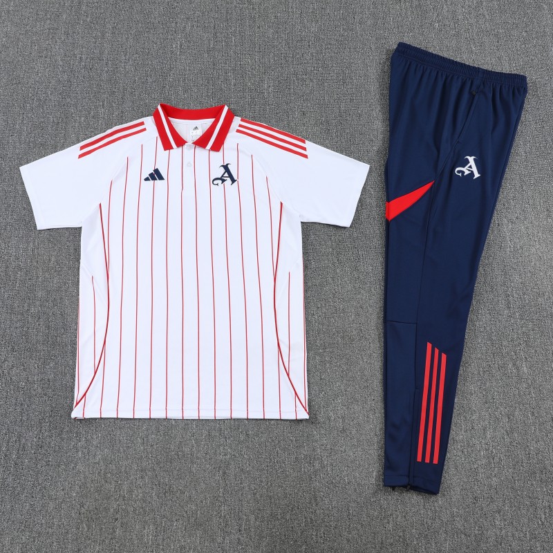 26/27 Arsenal  White&Red Stripes  Polo Training Shirt + Long Pants Tracksuit