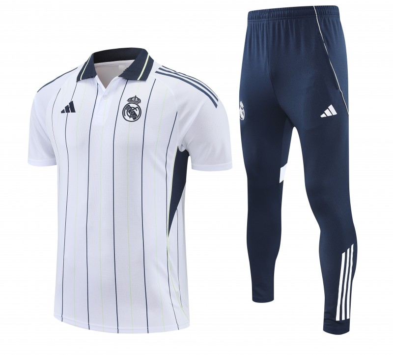 26/27   Real Madrid White Stripes Polo Training Shirt + Long Pants Tracksuit