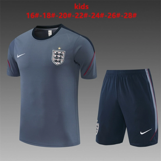 2026 Kids  England Grey Short Sleeve+ Navy Blue Soccer Shorts