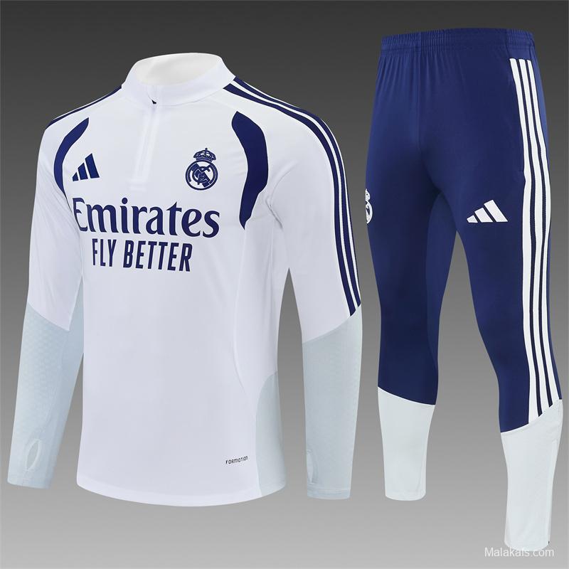 26/27 Kids Real Madrid Home White Half Zipper Jacket Tracksuit + Long Pants