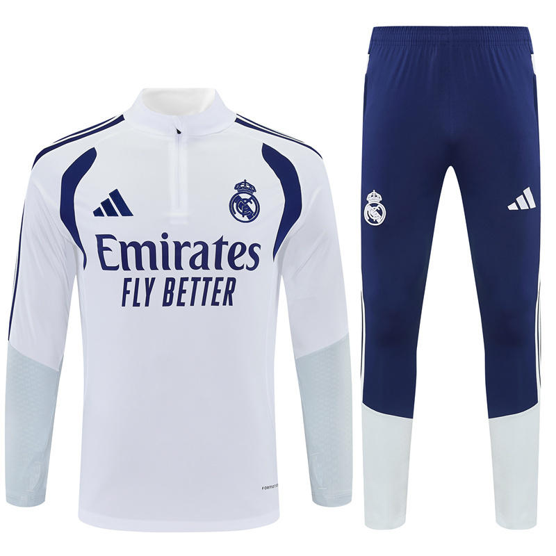 26/27 Kids Real Madrid Home White Half Zipper Jacket Tracksuit + Long Pants