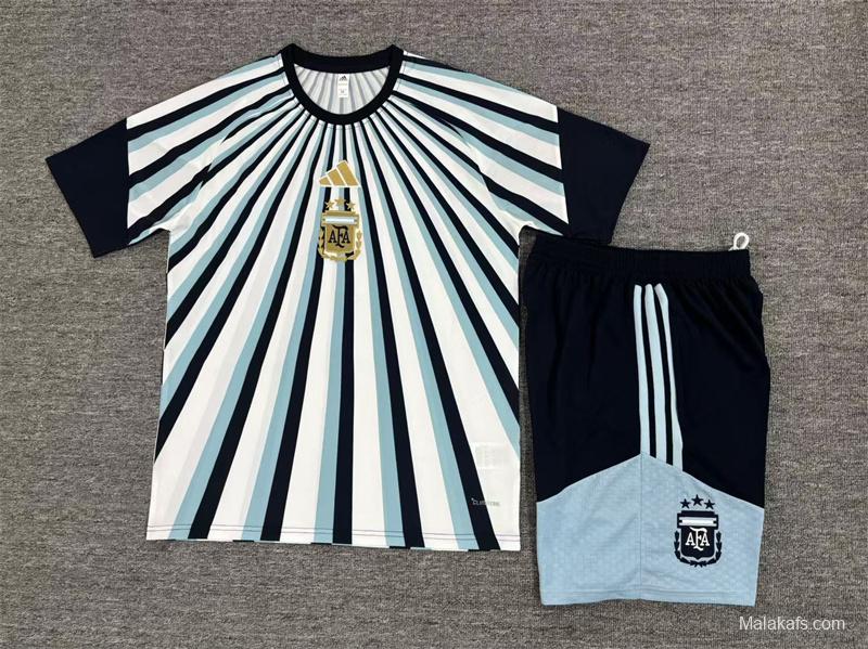 2026 Kids  Argentina White & Light Blue Radial Stripe Short Sleeve+Soccer Shorts