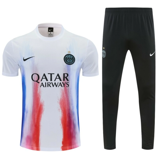 26/27 Paris Saint-Germain White with Red & Blue Brushstroke Allover Print Short Sleeve + Long Pants