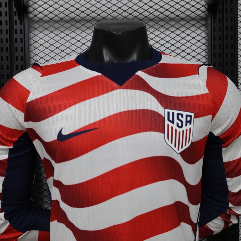 Player Version 2026 USA White & Red with Wave Stripe Long Sleeve Home Jersey