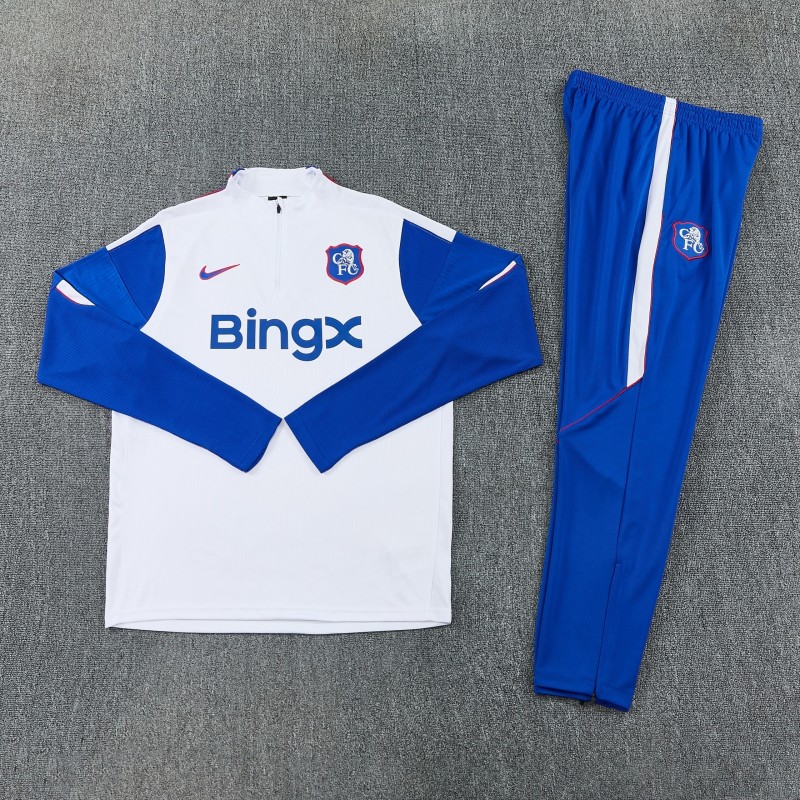 26/27 Chelsea  White & Blue Half Zipper Jacket Tracksuit + Long Pants