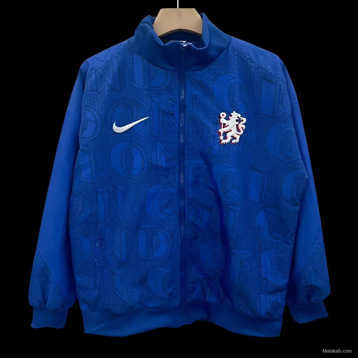 25/26 Chelsea FC Blue with All-Over London Text Pattern Full Zipper Windbreaker