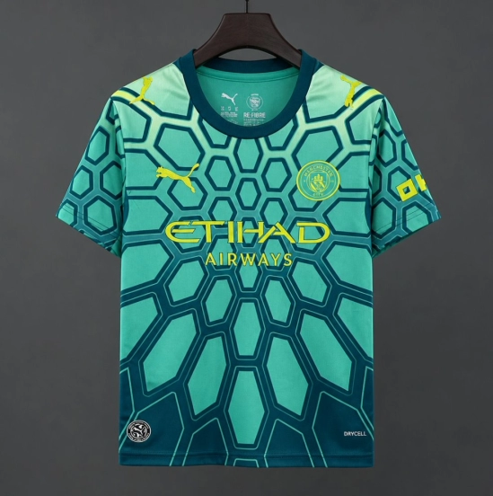 26/27 Manchester City Vibrant Green Goalkeeper Jersey With Dark Blue Geometric Pattern.