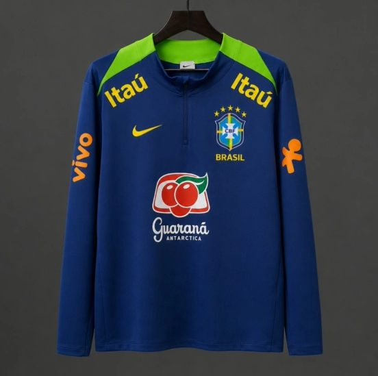 2024 Brazil Navy Blue with Lime Green Long Sleeve Half-Zip Training Top