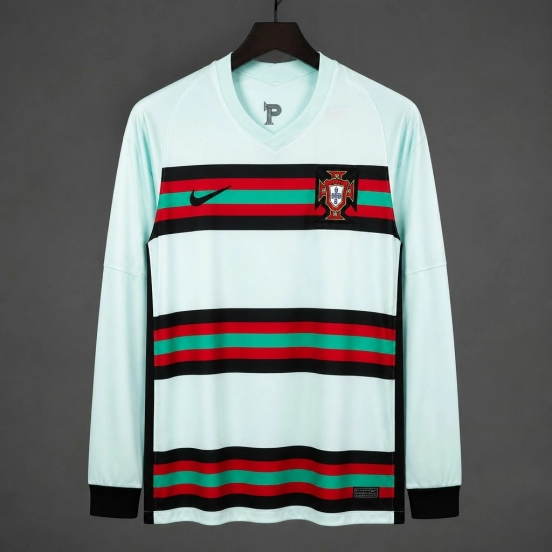 Retro 2020 Portugal Mint Green with Red Stripes Away Long Sleeve Jersey