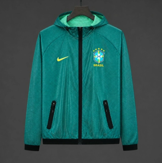 26/27 Brazil  Green Mesh Anthem Full Zipper Hooded Windbreaker Jacket